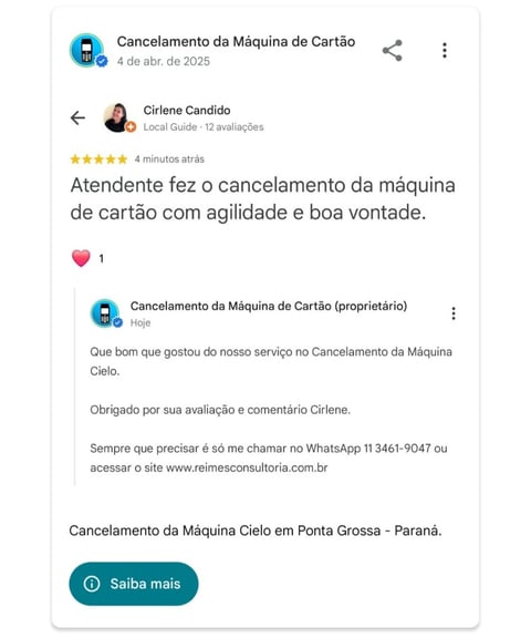 Cancelamento da Maquina Cielo em Ponta Grossa Parana