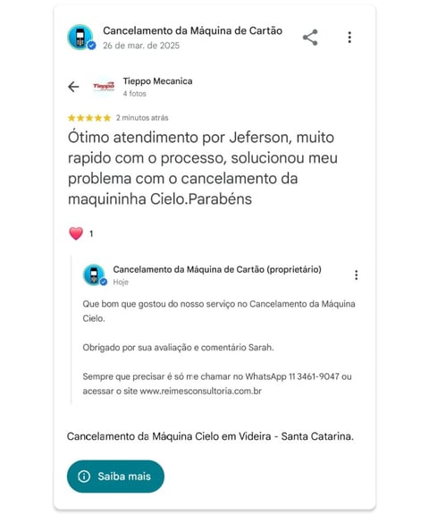 Cancelamento da Maquina Cielo em Videira Santa Catarina