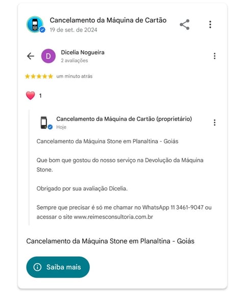 Cancelamento da Maquina Stone em Planaltina Goias