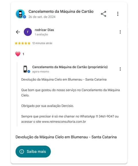 Devolucao da Maquina Cielo em Blumenau Santa Catarina