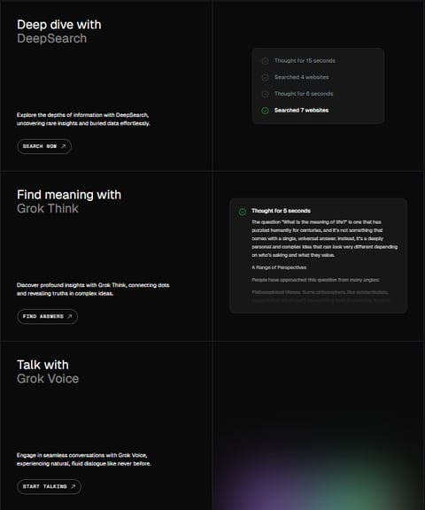 Grok features, including DeepSearch, Grok Think and Grok Voice