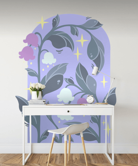 Fresque intérieure arche avec des étoiles, du muguet et de la végétation sur un fond violet 