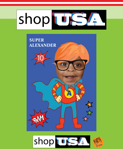 a kid's birthday card with a photo of a boy in a superhero costume