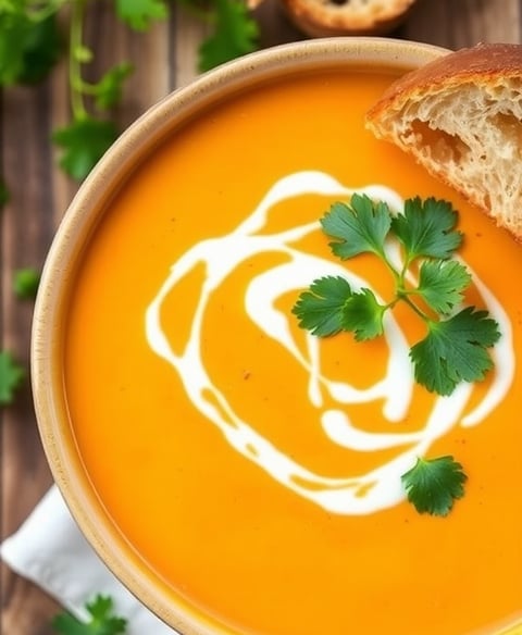 a bowl of soup with a piece of bread on top of it