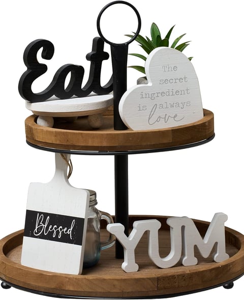 Black and white kitchen with this charming two-tiered tray decor set.