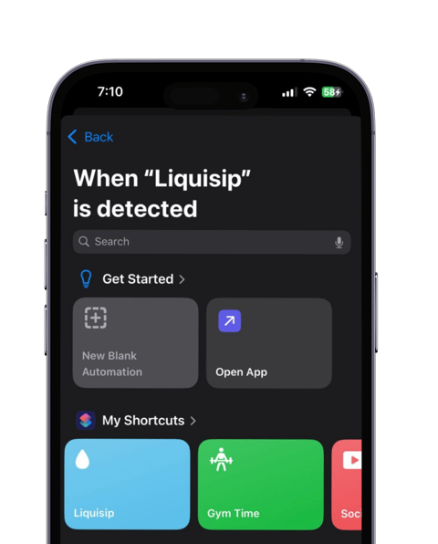 selecting shortcuts for liquisip automation in iphone shortcut