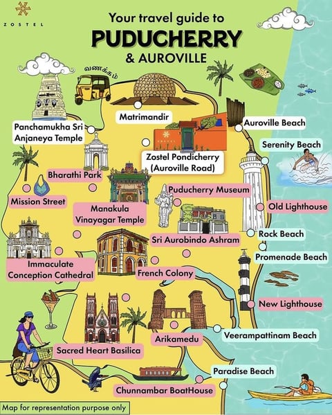 A map of Union Territory Pondicherry showing different tourist places 