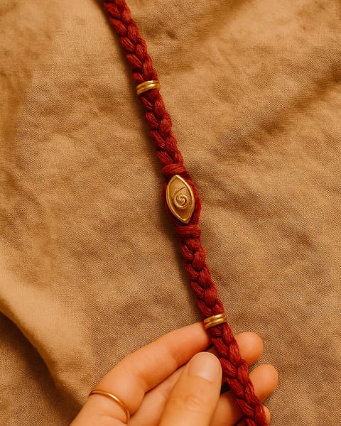 Fio vermelho com espiral dourada representando estrutura energética e transmissão intuitiva da cura