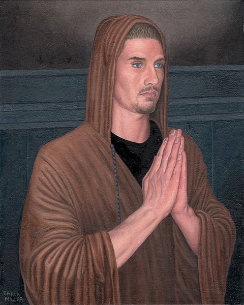 an oil painting of a man in a brown robe with his hands in prayer