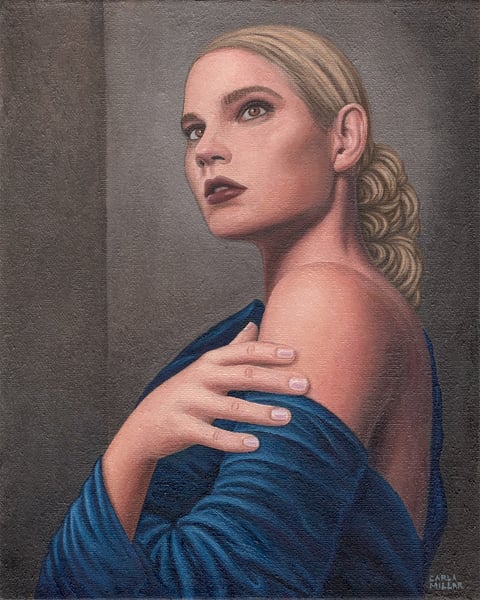 an oil  painting of a woman with blonde hair in a blue dress
