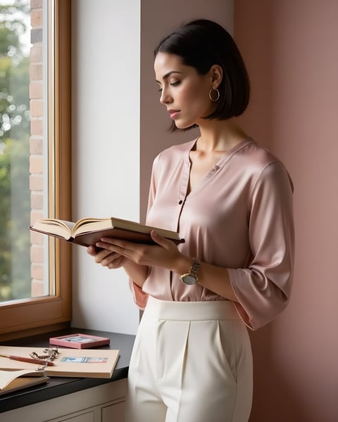 Vivienne reviewing a moodboard in soft blush lighting, side-lit by a tall studio window.