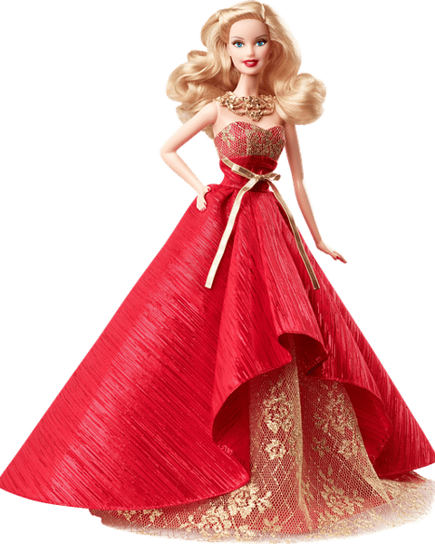 Blonde Barbie doll wearing a glamorous red formal gown with a high-low skirt design, gold lace unde