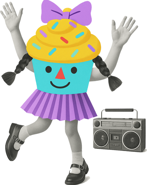 a girl cupcake in a dress, dancing to the radio