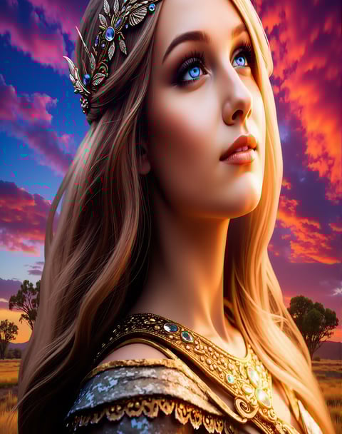 a woman with blue eyes and a crown on her head