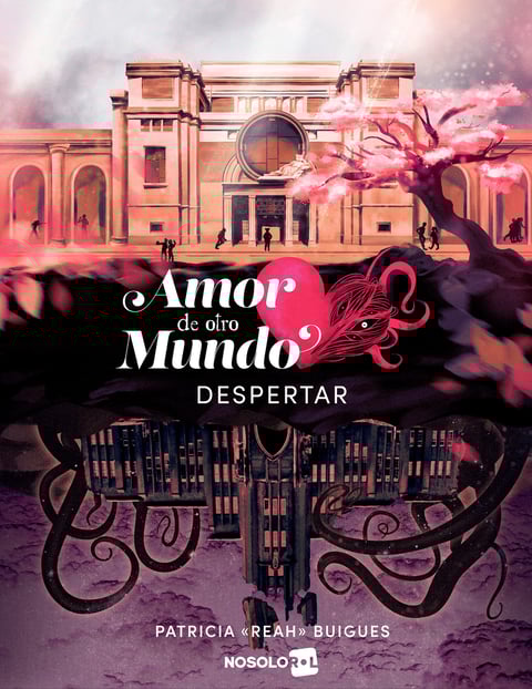 Ilustracion de una universidad con un cerezo y su versión oscura invertida. Portada del la aventura