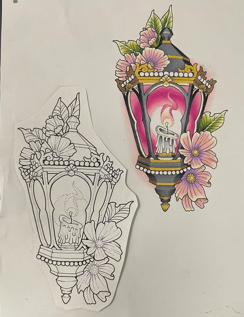 One Tattoo design of a colorful, mainly pink, lamp with a candle. Next to it is the linework only.