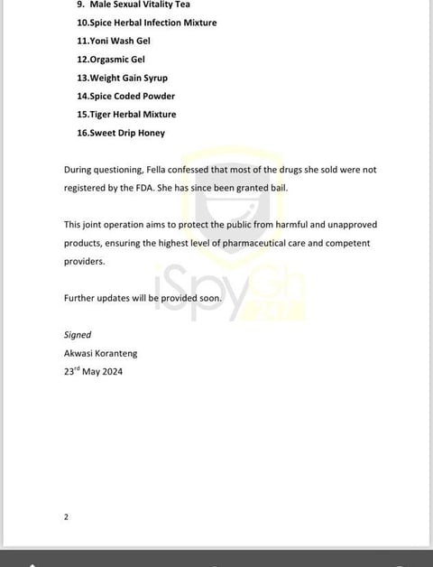Page two of the press release detailing why Fella Makafui was apprehended.