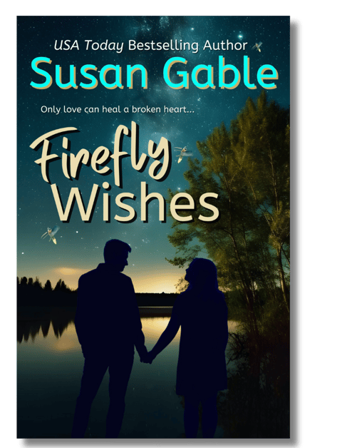 Firefly Wishes Cover - man & woman hold hands, silhoutted against end of sunset over lake, fireflies