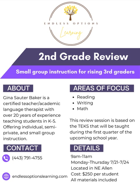 a flyer for a 2nd grade reading, writing, math review