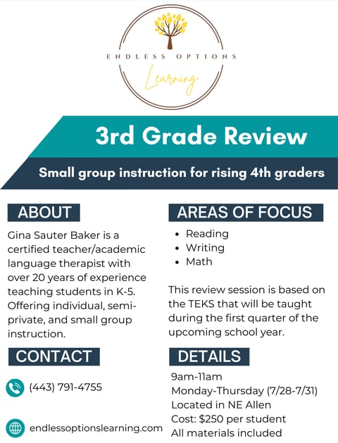 a flyer for a 3rd grade reading, writing, math review