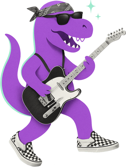 a purple dinosaur with sunglasses and a guitar
