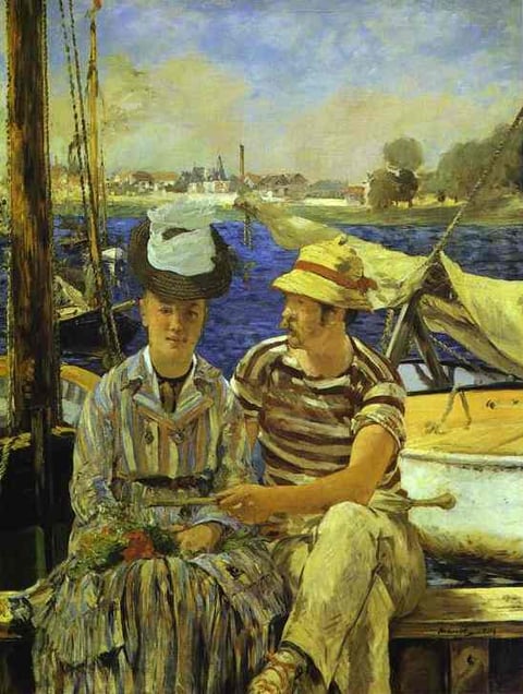 a painting of two people sitting on a boat