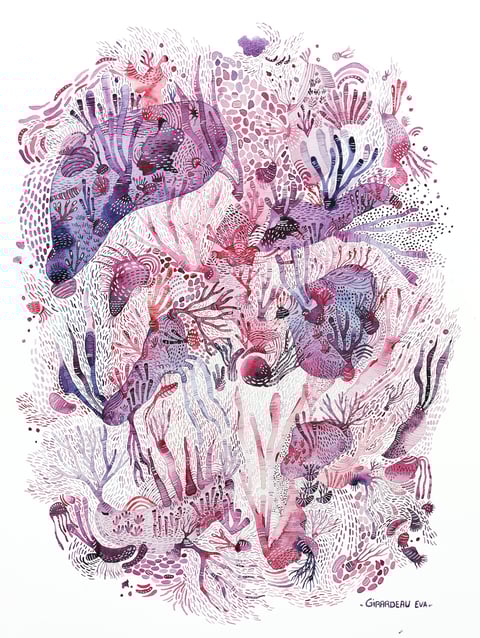Aquarelle surréaliste micro jardin aquatique  rose 