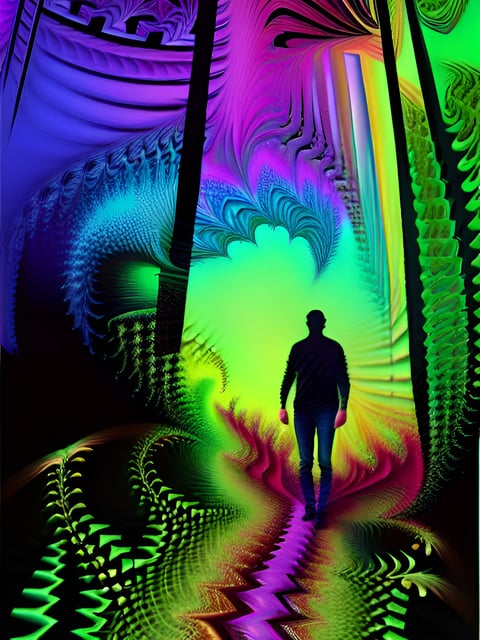 a man walking down a path with a colorful light