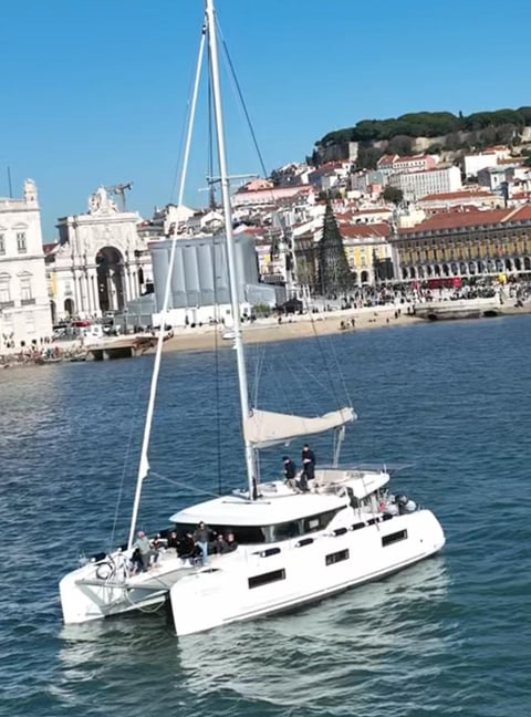 Our Lagoon 46 docked in front of the Commerce Square during an excursion to Lisbon