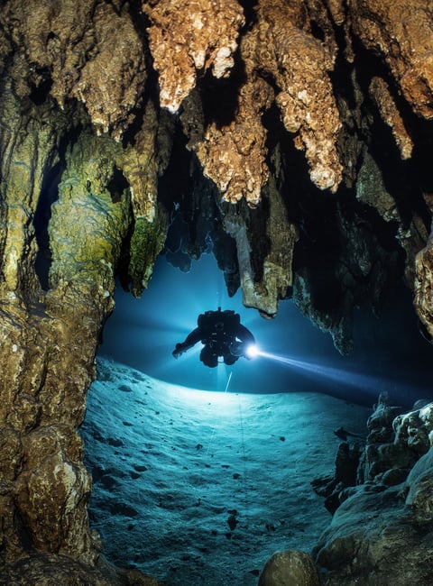 scuba diver in a Mexican Cenote - photography course