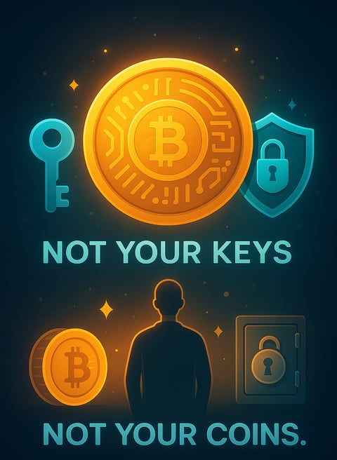 A modern digital illustration showing a glowing Bitcoin coin in the center, flanked by a blue key ic