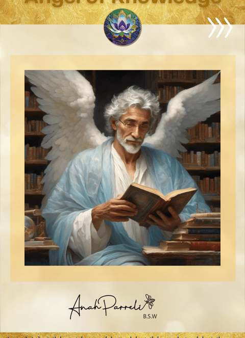 Old Knoweldgeable Angel reading a book . Angel of Knowledge