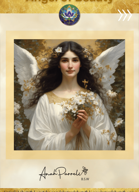 Angel of Beauty. Beautiful darkhaired angel in white with white flowers