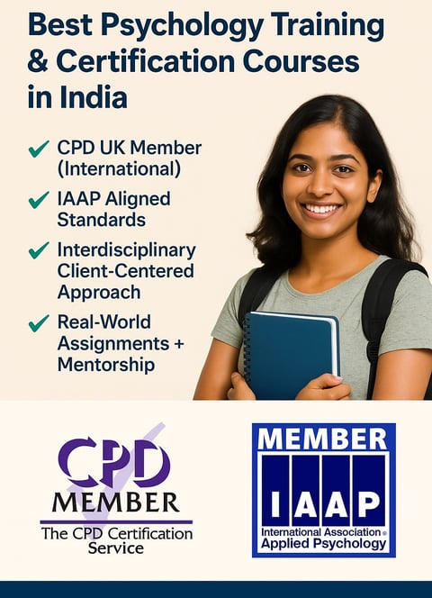 Promotional banner showing Indian student and checklist of best psychology training and certification features from IAT, CPD