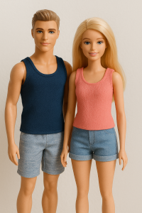 Barbie and Ken dolls pose together in handmade summer outfits—Ken wears a navy tank top with gray s