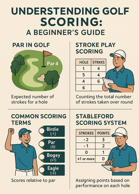 Golf scoring beginner's guide infographic showing par, stroke play, Stableford & scoring terms