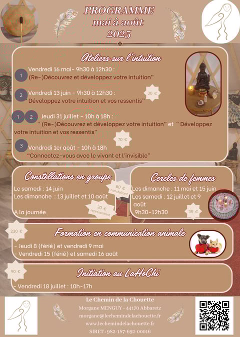 programme du Chemin de la Chouette (44) : constellations, cercles de femmes, ateliers intuition