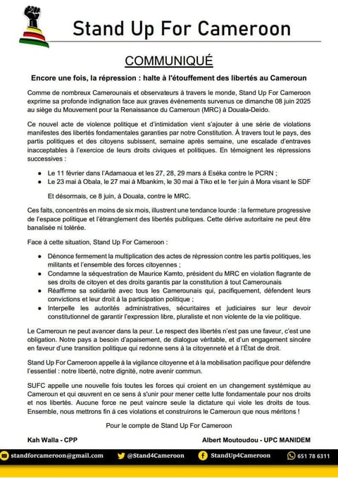 Communiqué de Stand Up for Cameroon
