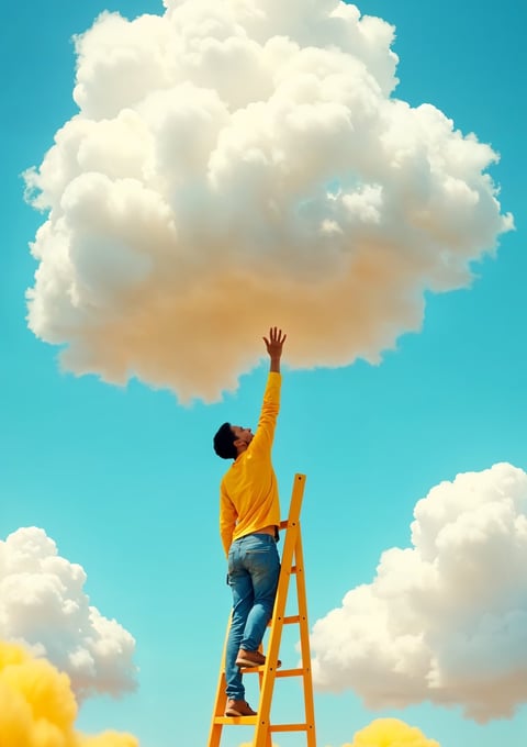 a man standing on a ladder ladder to reach a cloud depicting reach higher 