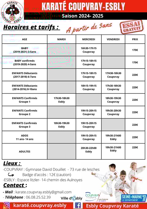 tableau des horaires et des tarifs des cours de karaté.