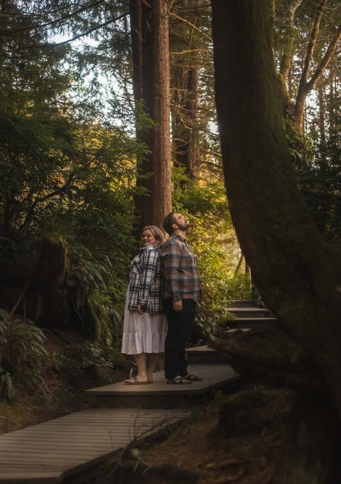 Tofino Elopement Photographer photographing a couple eloping at rainforest trail in Tofino