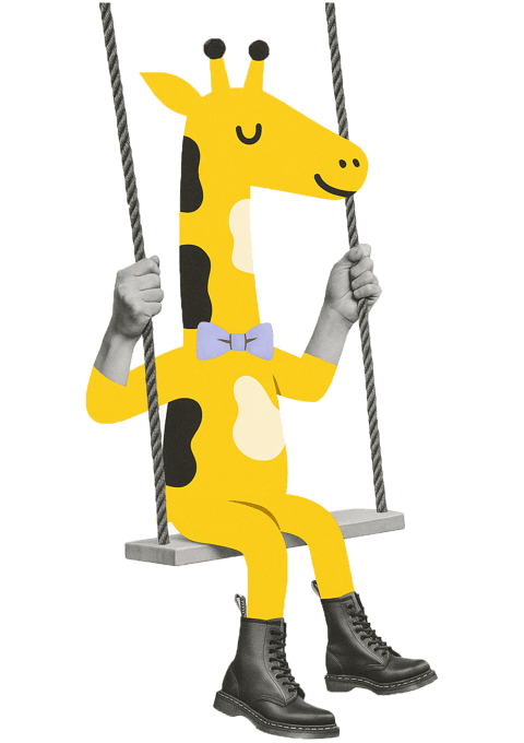 a giraffe sitting on a swing set with anamorphic hands wearing boots.