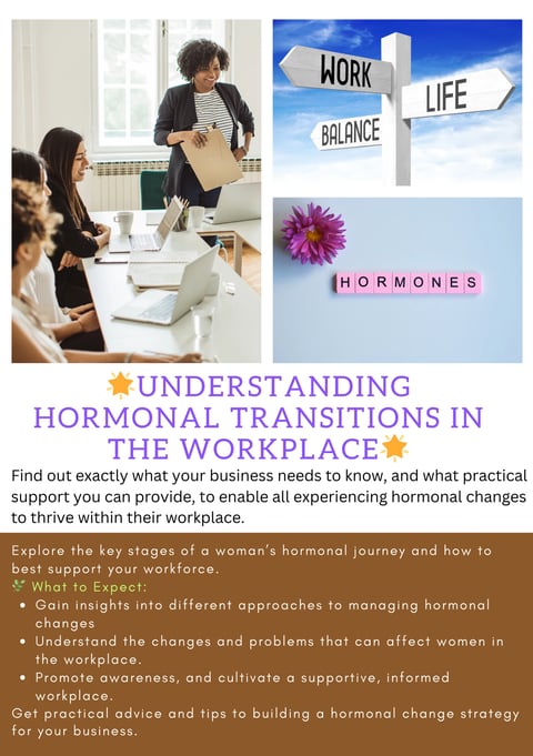 Picture of a poster "Understanding Hormonal transitions in the workplace" advertising corporate Menopause training.