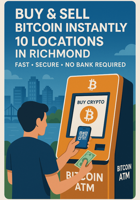 Bitcoin ATM in Richmond with user buying crypto and receiving cash.