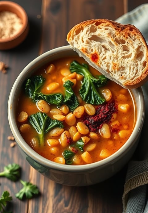 a bowl of soup with a breaded bread roll on top