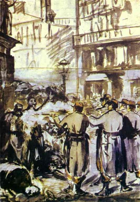 a painting of a man in uniform standing in front of a building