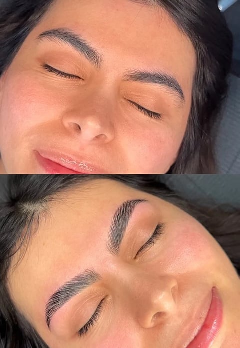 Before a brow lamination photo and After brow lamination photo