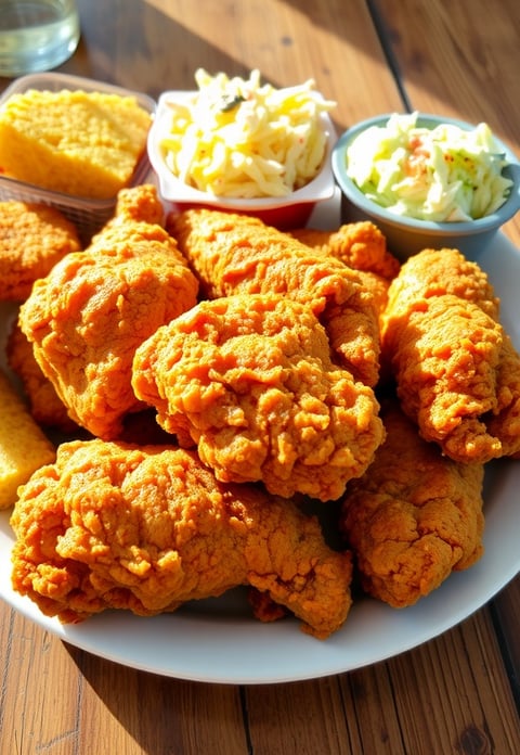 a plate of fried chicken nuggies with coleslaw and coleslaw