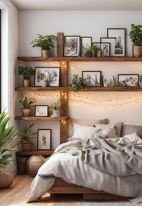 a bedroom with a bed and a bed with a wooden shelf