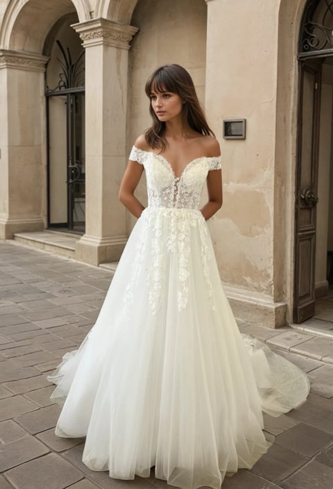 robe de mariée col bateau epaules dénudées 